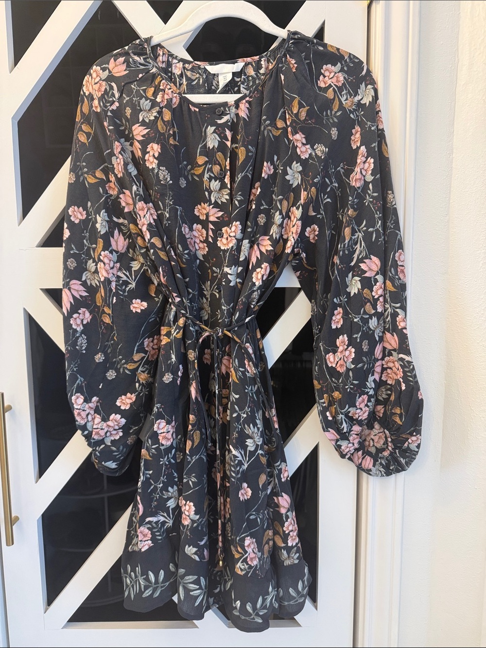 H&M Black Floral Tie-Waist Mini Dress